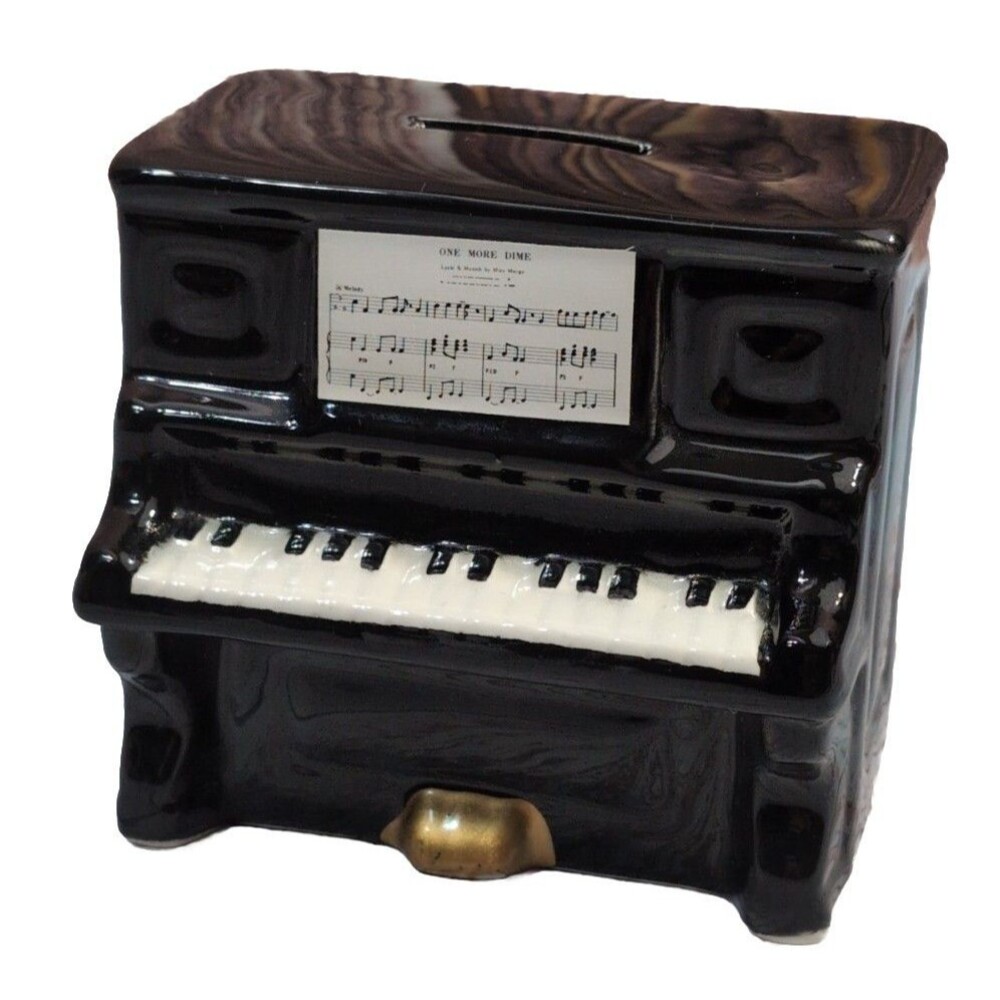 Vintage Porcelain Piggy Bank 4" One More Dime Piano Ceramic Figurine, No Stopper